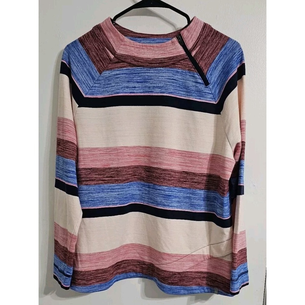 T By Talbots Mockneck Sweater‎ Extra Large Pink Blue Striped Front Zipper